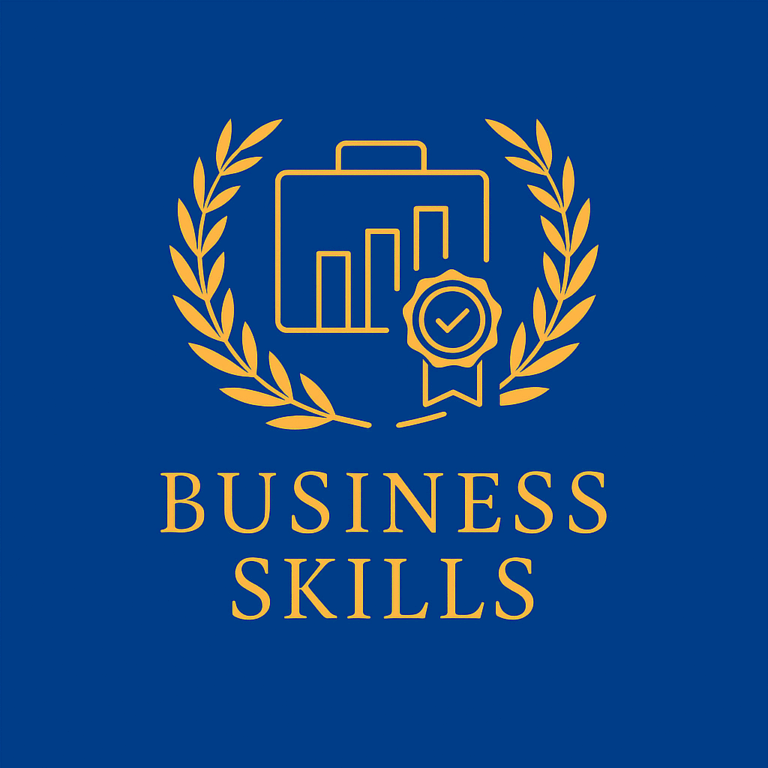 Business skills logo with briefcase and laurel.
