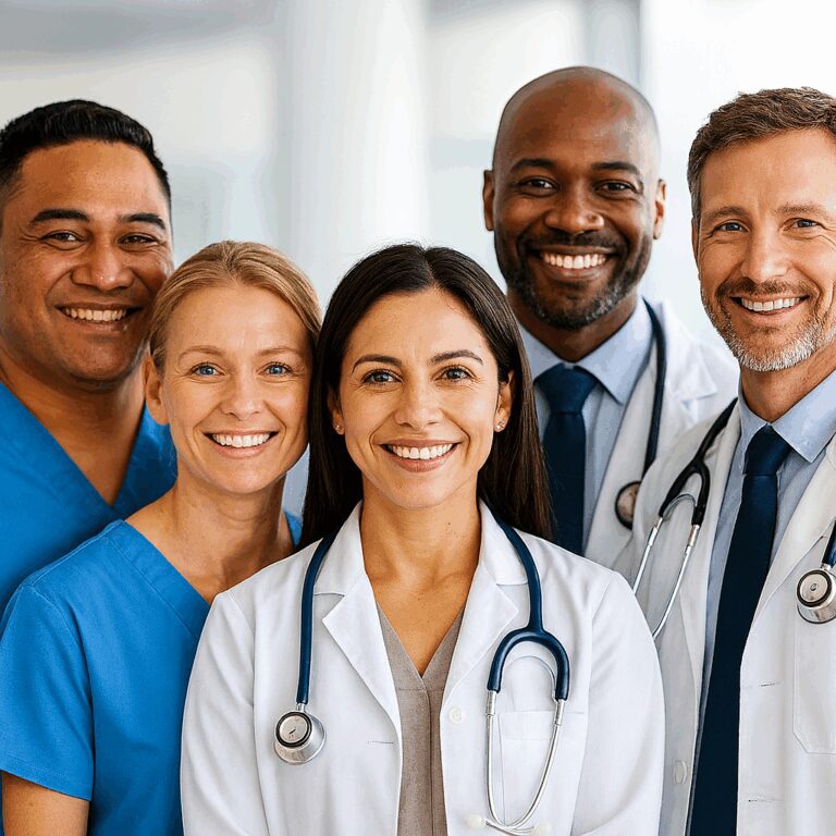 Smiling medical team in professional attire.