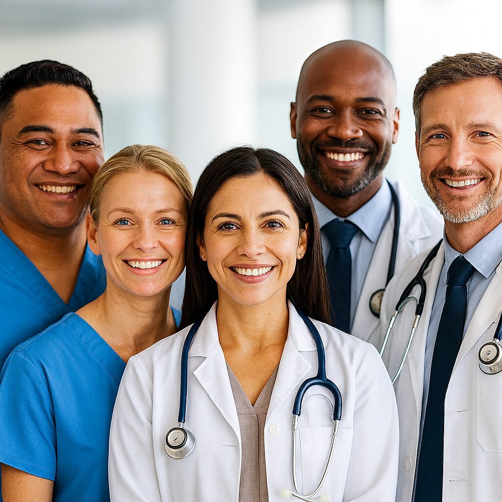 Smiling medical team in professional attire.