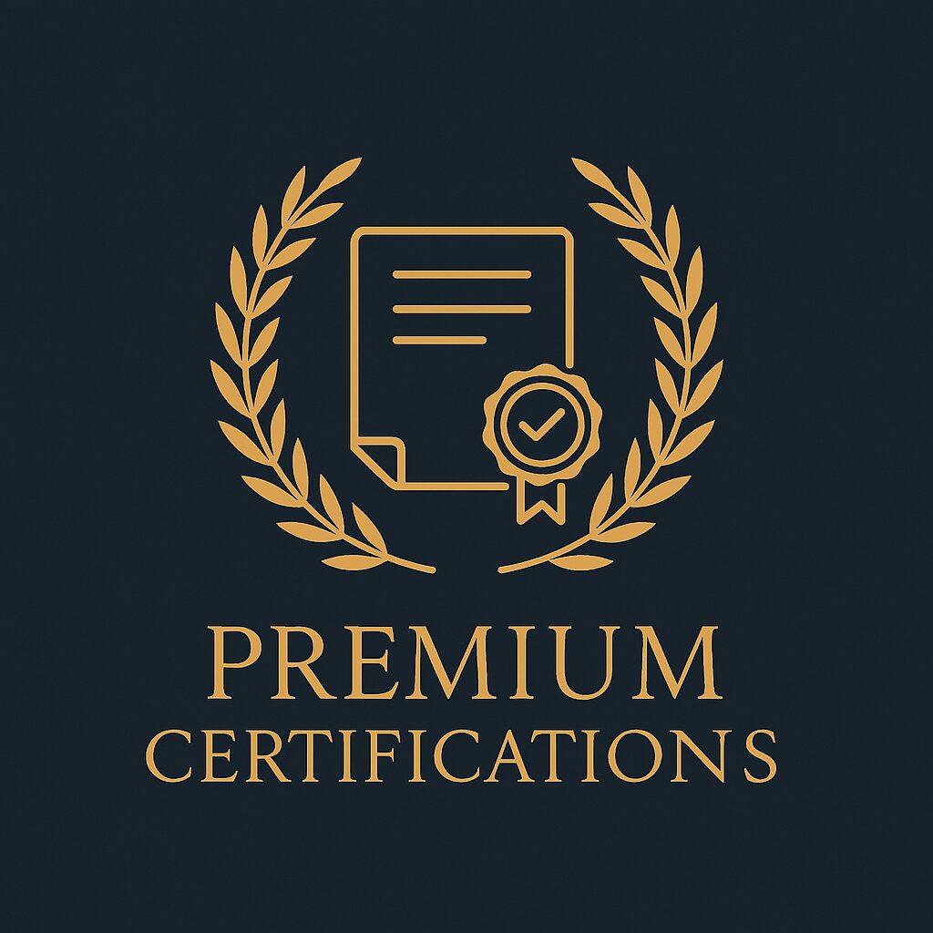 Premium certifications emblem with laurel wreath.