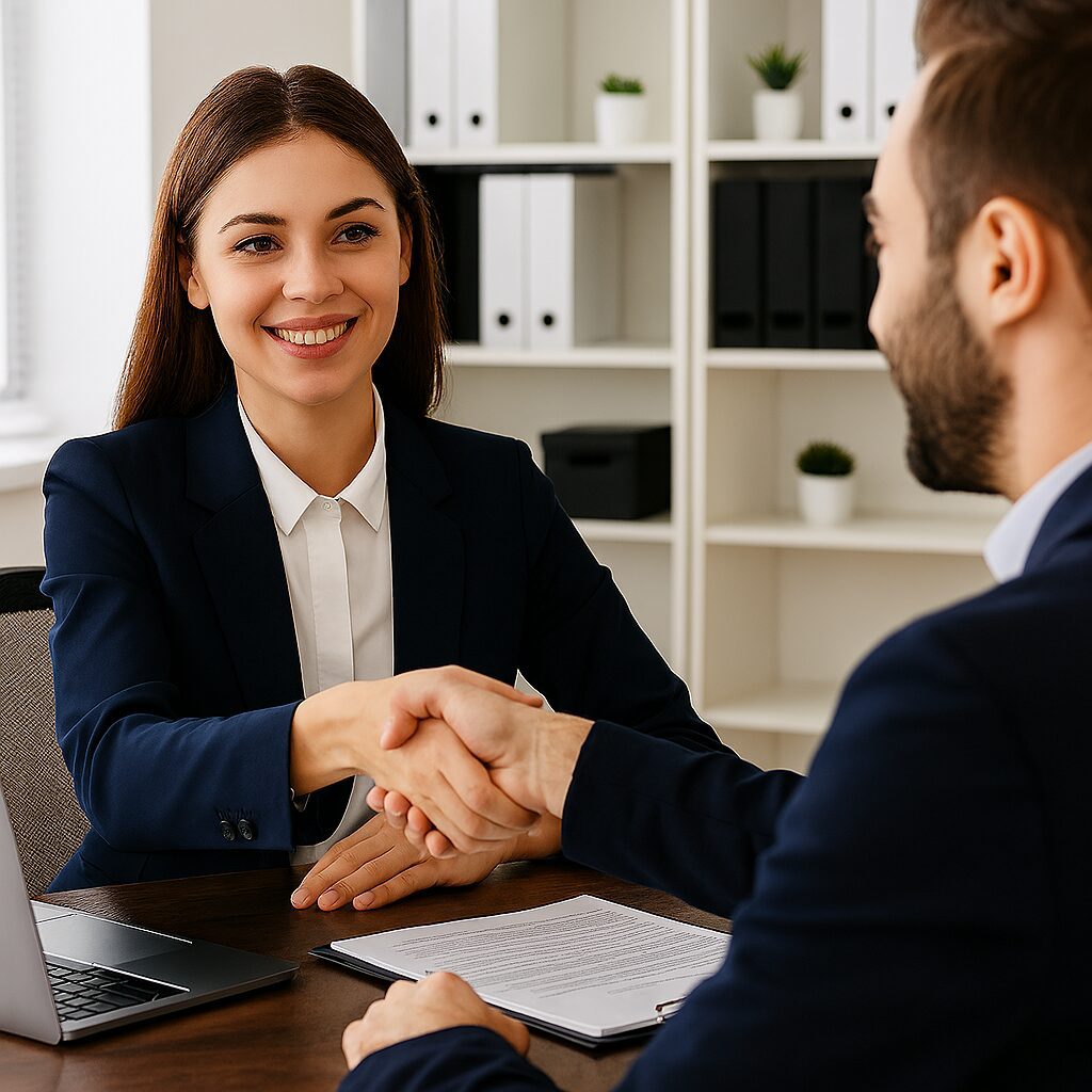 Businesspeople shaking hands in office meeting.