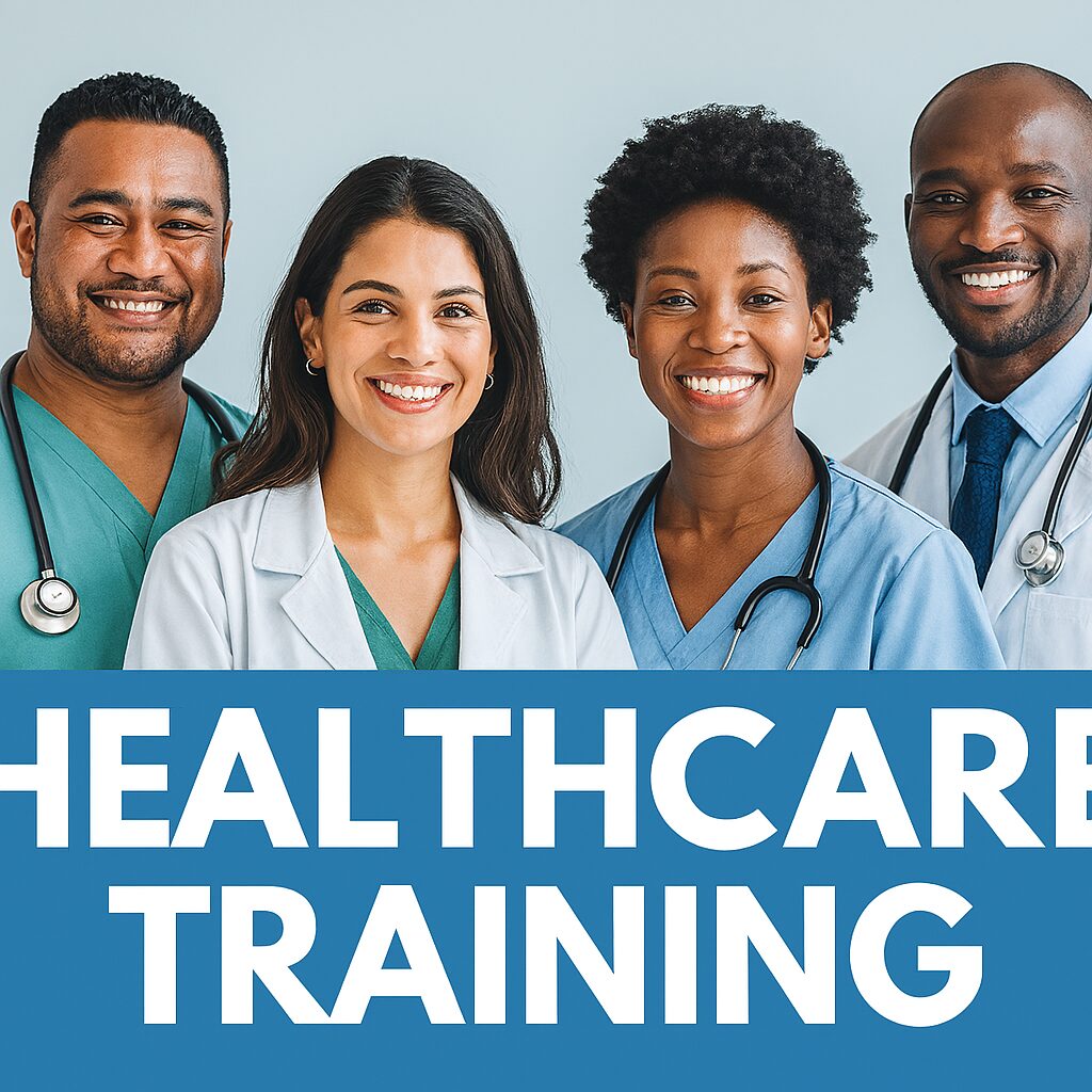 Healthcare professionals smiling, promoting training program.